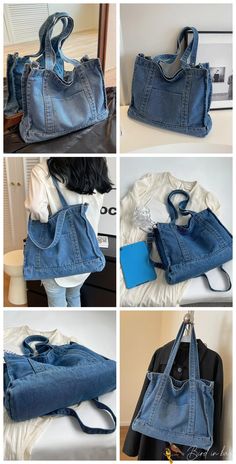 four pictures of different types of purses and their contents, including one blue bag