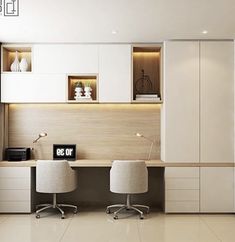 two white chairs sitting in front of a desk with a clock on it's side