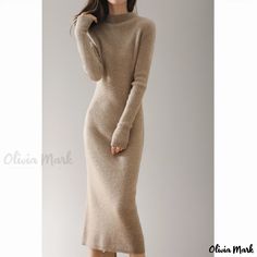 Olivia Mark - Premium Merino Wool Half-Turtleneck Knitted Dress for Sophisticated Layering and Knee-Length Elegance Warm Skirts, Merino Wool Dress, Long Skirt Casual, Wool Knitted Dress, Bodycon Sweater Dress, Cashmere Outfits, Long Knitted Dress, Cashmere Dress, Cashmere Sweater Women