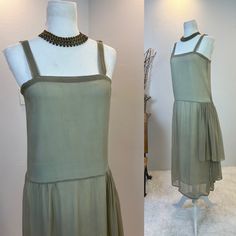 "1920's Robe De Style Dress / 1920s dress / Antique dress / 20s dress / 1920s fashion This 1920s dress looks like it is the perfect dream of a summer Robe de Style dress. The chiffon fabric in a light beige color that has hints of light green, the gorgeous hip swag that moves when you walk, and the cut makes this piece a true statement item. This beauty is meant to be layered in the true 1920s style of long necklaces and a shawl. I chose to style her simply so you could see her timeless beauty. 1920s Aesthetic Dress, 20s Slip Dress, 1920s Summer Dress, 1920s Outfits Women, Casual 1920s Outfit, 1920s Fashion Casual, 1920s Fashion Women Casual, 20’s Outfits, 1920s Dress Pattern