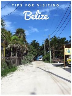 a road with palm trees and the words tips for visiting belize on it's side