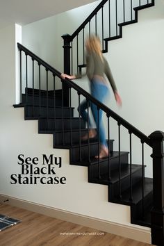 Whitney going up her black staircase in her farmhouse. Black Painted Stairs With Carpet Runner, Black Stair Railing Paint Color, Paint Staircase Black, Black Stairs With Carpet Runner, All Black Staircase, Black Staircase With Runner, Black Staircases, Black Stairs With Runner, French Staircase