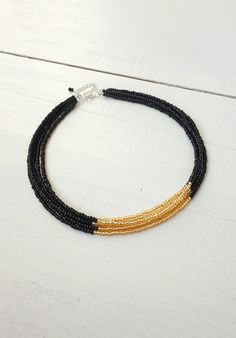 Layered Beaded Choker Necklace Black ang Golden Yellow Seed Beads Choker Necklace Black, Multi Strand Beaded Necklace, Layered Choker Necklace, Black Choker Necklace, Waist Beads, Beaded Choker Necklace, Necklace Black, Choker Necklaces, Multi Strand Necklace