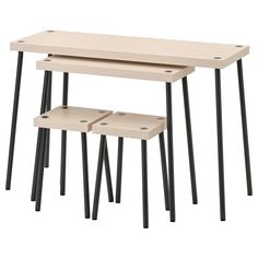 three wooden tables with black legs and one table has an open shelf on the top