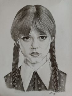 a pencil drawing of a girl with braids on her hair and wearing a school uniform