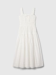 Gap × DÔEN Eyelet Midi Dress | Gap Elegant Spring Smocked Dress With Square Neck, Elegant Square Neck Smocked Dress For Spring, Elegant Cotton Smocked Midi Dress, Elegant Cotton Smocked Dress, Chic Smocked Square-neck Dress For Daywear, Chic Smocked Dress With Square Neck For Daywear, Chic Square Neck Smocked Dress For Daywear, Casual Midi Dress With Fitted Bodice For Daywear, Chic Smocked Midi-length Dress With Tie Straps