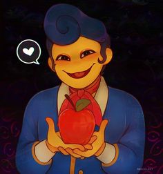 a cartoon character holding an apple with a speech bubble above it that says i love you