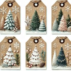 four tags decorated with christmas trees and snowflakes