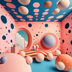 an artistic room with pink and blue walls