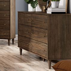 a wooden dresser sitting on top of a hard wood floor next to a planter