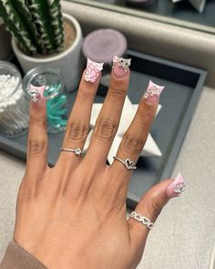 Short Duck Tip Nails, Short Duckies Nails, French Tip Junk Nails, Short Charm Nails, French Nails With Charms, Duck Nails With Charms, Hello Kitty Charm Nails