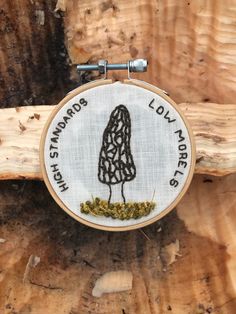 When your standards are high and your morels are low, foraging is where you should go! This hand-embroidered piece sits upon 100% cotton and features beautiful mossy details within a 3 inch hoop. Backed by a wool-poly blend for a finished look. A great gift for a fellow forager or to hang on your own wall. Mushroom Embroidery, Embroidered Mushrooms Simple, Morel Mushroom Embroidery, Snail Mushroom Embroidery, Mushroom And Flower Embroidery, Embroidered Toadstools, Morel Mushroom, Hand Embroidery Projects, Fabric Width