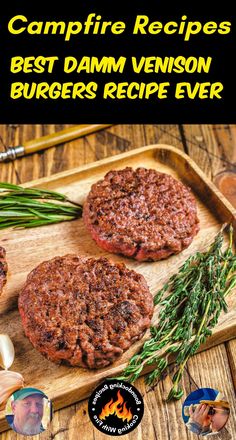 two hamburger patties on a wooden cutting board with herbs and spices in the background