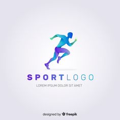 the silhouette of a running man is depicted in this colorful logo design for sport company