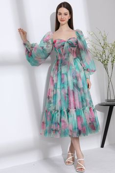 Corset Long Sleeves Watercolor Print Tulle Dress