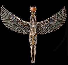 an egyptian statue with wings and a ball on it's head, against a black background