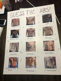 a poster with pictures of men's torsos on it that says guess the abs