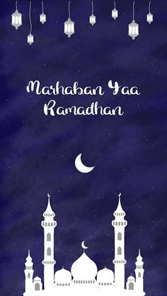 an islamic greeting card with mosques and lanterns