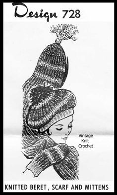 an advertisement for knitted beret, scarf and mittens