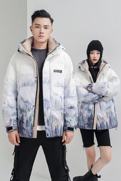 Forest Print Down Jacket Couple Short Down Jacket Winter New Hooded Casual Fashion Warm Jacket Winter Hooded Jacket With Long Sleeves For Outdoor, Hooded Puffer Jacket For Winter Outdoor, Hooded Winter Puffer Jacket For Outdoor, Winter White Hooded Jacket For Outdoor Winter Activities, Winter Long Sleeve Hooded Jacket For Outdoor, Winter White Hooded Jacket For Fall Outdoor, Casual White Parka For Fall, Winter Windbreaker For Outdoor Activities, Casual Winter Windbreaker With Detachable Hood