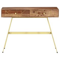 a wooden desk with metal legs and drawers