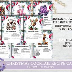 printable christmas cocktail recipe cards with pine cones and holly wreaths on the side