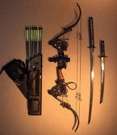 an assortment of different types of archery equipment