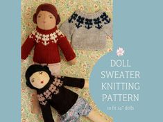 doll sweater knitting pattern with two dolls laying on the ground next to each other and text overlay that says doll sweater knitting pattern