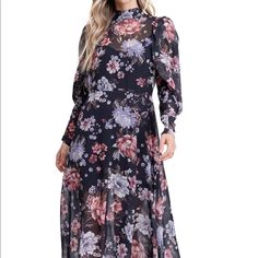 Vintage Romance Abounds In This Sheer Chiffon Floral-Print Dress That's Designed For A Nostalgic Look With A High Neckline And Voluminous Sleeves. Style Name: En Saison Long Sleeve Floral Chiffon Midi Dress Nwt Feminine Black Maxi Dress With Floral Print, Feminine Black Floral Print Midi Dress, Black Floral Print Maxi Dress For Daywear, Leather Midi Dress, Voluminous Sleeves, Sequin Midi Dress, Sleeves Style, Chiffon Floral, Vintage Romance