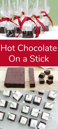 hot chocolate on a stick with marshmallows in the foreground and other treats