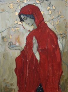 a painting of a woman in a red cloak holding a lit candle and looking down