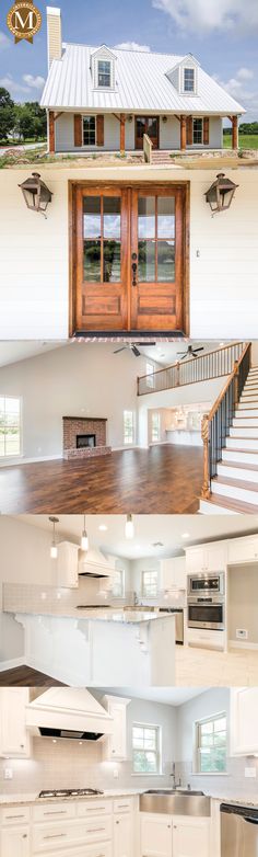 a series of photos showing the inside and outside of a house with wood doors, windows, and stairs