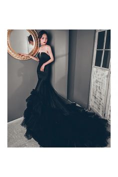 Shop fit and flare black long train formal dress with cascading ruffle online. Sheprom offers formal or casual style dresses to fit your special occasions. Black Prom Dress Ruffles, Black Fitted Ball Gown With Ruffles, Black Flared Dress With Ruffles, Elegant Black Tiered Ruffle Dress, Black Floor-length Dress With Ruffles, Ruffle Gown, Long Train, Engagement Dresses, Black Prom Dresses