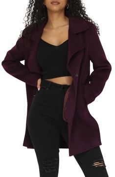 A cozy layering piece, this comfortably oversized coat is constructed from a warm wool blend and fashioned with notched lapels for polished style. 32" length Front snap closure Notched lapels Front welt pockets 50% wool, 50% polyester Dry clean Imported Faded Black Jeans, Polished Style, Deep Plum, Oversized Coat, Wool Blend Coat, Layering Pieces, Welt Pockets, Snap Closure, Plum