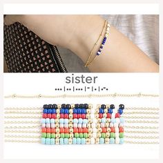 two different bracelets with beads on them and the words morse code written in gold