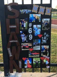 a sign that has photos on it and the words shaw park written in different languages