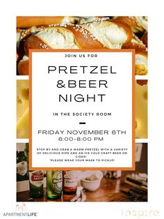 an advertisement for pretzel and beer night in the society room at 7 30 pm