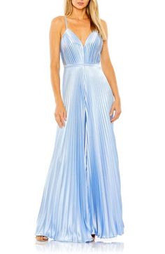 A fresh take on eveningwear, this wide-legged jumpsuit in pleated satin is exactly what you need for every party invite this season. 62 1/2" length Hidden back-zip closure Deep V-neck Lined 100% polyester Spot clean Imported Asian Owned/Founded Coverall Jumpsuit, Satin Jumpsuit, Blue Jumpsuits, Mac Duggal, Printed Jumpsuit, Party Invite, Wide Leg Jumpsuit, Saree Blouse, Deep V Neck