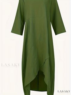 Lasaky - Womens Plus Size Casual Dress: Solid Half Sleeve Round Neck Asymmetrical Hem Loose Dress Spring Dresses With High-low Hem, Fall Lagenlook Dress With Asymmetrical Hem, Asymmetrical Lagenlook Dresses For Spring, Spring Lagenlook Dress With Asymmetrical Hem, Green Midi Dress With Asymmetrical Hem For Fall, Casual Irregular Maxi Dress For Spring, Casual Asymmetrical Long Sleeve Summer Dress, Casual Long Sleeve Asymmetrical Summer Dress, Casual Asymmetrical Long Sleeve Dress For Summer