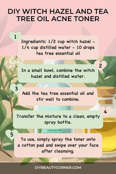 DIY Witch Hazel and Tea Tree Oil Acne Toner Witch Hazel Uses Skin Care, Tea Tree Oil Face Wash, Homestead Apartment, Salicylic Acid Benefits, Diy Skin Toner, Witch Hazel Acne, Tee Tree Oil