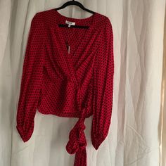 In Pristine Condition. A Red And Black Polka Dots 100% Silk Long Sleeve Georgette Blouse. Measures 20” Wide Armpit To Armpit 39” Wide Waist With Side Button Closure 24” Long Length 25.5” Long Sleeve Length Polka Dot Evening Tops For Spring, Polka Dot Tops For Evening In Spring, Evening Polka Dot Tops For Spring, Polka Dot Tops For Evening And Spring Season, Chic Polka Dot Evening Tops, Chic Polka Dot Tops For Evening, Elegant Polka Dot Evening Top, Elegant Evening Polka Dot Top, Elegant Fitted Polka Dot Top