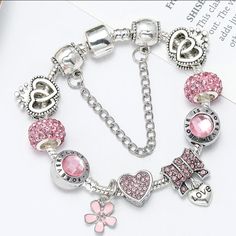 Romantic Pink Love Heart Charm Bracelet. Length 21cm Clasp Type Pandora Style Silver Heart-shaped Alloy Bracelets, Party Silver Bracelets With Heart Beads, Silver Heart Beads Bracelets For Party, Silver Heart Beads Bracelet For Valentine's Day, Silver Heart Bracelet For Valentine's Day Party, Silver Alloy Charm Bracelet For Party, Silver Bracelets For Valentine's Day, Valentine's Day Silver Heart Bracelet, Silver Metal Heart Bracelet For Wedding