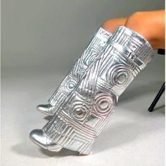 Unique Fashion Statement Round Toe Fold Over Boots. Block Heel, Buckle Decor, Heel Height 4.25in, True To Size Metallic Puffer Boots, Silver Mirror Boots, Unique Heel Shoes, Metallic Heel Boots, Boots Stacked Heel, Knee High Metallic Boots, Chrome Silver Boots, Unique Boots For Women, Silver Platform Boots