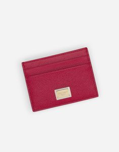 Dauphine calfskin card holder with branded tag: Fuchsia Four front card slots and one on top Measurements: H7.5 x W10 x D0.5 cm Made in Italy Luxury Pink Card Holder With Card Slots, Luxury Pink Card Holder, Pink Leather Card Holder With Card Slots, Formal Pink Wallets With Interior Card Slots, Elegant Red Leather Card Holder, Formal Pink Card Holder With Card Slots, Pink Rectangular Card Holder For Formal Use, Top Measurements, Small Leather Goods