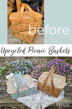 the before and after pictures of an upcycled picnic basket