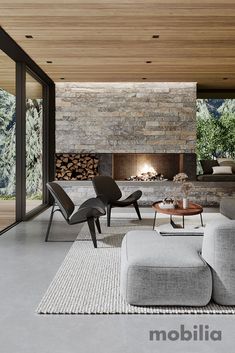 modern living room with stone wall and fireplace