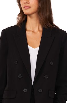 This polished blazer is designed in a double-breasted silhouette with peaked lapels and six-button cuffs. 27" length (size Medium) Peaked lapels Six-button cuffs Lined 63% polyester, 33% rayon, 4% spandex Dry clean Imported Sleek Double-breasted Semi-formal Outerwear, Classic Blazer Dress With Button Cuffs And Lapel Collar, Business Blazer Dress With Button Cuffs And Lapel Collar, Chic Black Double-breasted Suit, Sleek Double-breasted Blazer With Double Button, Black Double-breasted Suit For Work, Sleek Double-breasted Blazer, Classic Black Structured Blazer Dress, Career Black Blazer Dress With Double Button Closure