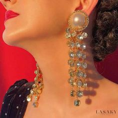 Lasaky - Exquisite Gold Chandelier Earrings adorned with Vintage Pearl and Crystal Embellishments Elegant Chignon, Gold Chandelier Earrings, Crystal Chandelier Earrings, Big Pearl, Long Tassel Earrings, Halo Style, Vintage Pearl, Black Velvet Dress, Gold Chandelier