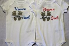 Heaven Sent baby outfits/Heaven Sent bodysuits/Heaven sent outfits for boys and girls/ boy girl twin Customizable Fitted Onesie For Family Matching, Personalized Fitted Onesie For Gender Reveal, Customizable Fitted Onesie As Gift, White Fitted Onesie With Custom Name, White Custom Name Fitted Onesie, Customizable Fitted Short Sleeve Bodysuit, Fitted Cotton Bodysuit For Baptism, Personalized Fitted Onesie For Baptism, Twin Matching Outfits