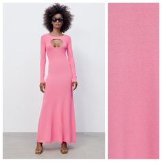 Nwt. Zara Pink Cut Out Knit Maxi Dress With Round Neck And Long Sleeves, Front Opening. 53% Viscose, 47% Nylon. Size M. Ref. 2142/038. Pit To Pit 12" Flat, Shoulders 13", Sleeves 26", Waist 11", Length 60". 1072 Zara Stretch Sweater Dress For Spring, Zara Knit Long Sleeve Dresses, Zara Knit Dress For Party, Zara Knit Party Dress, Zara Ribbed Midi Dress For Spring, Zara Spring Knit Midi Dress, Zara Knit Midi Dress For Spring, Zara Sweater Dress For Spring Party, Spring Ribbed Knit Maxi Dress